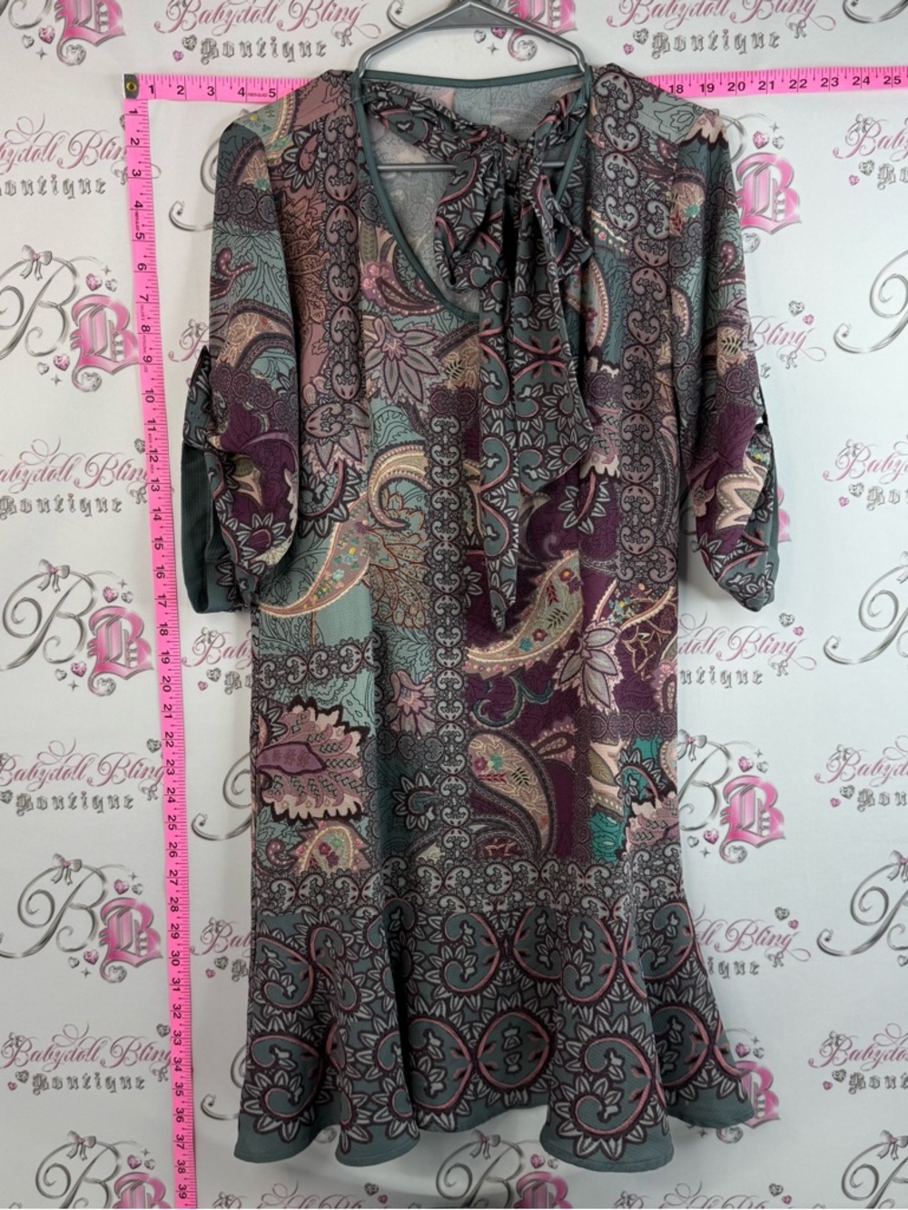 Dress ruffle hem purple blue Paisley Tie-Neck Tunic Dress in Teal & Plum